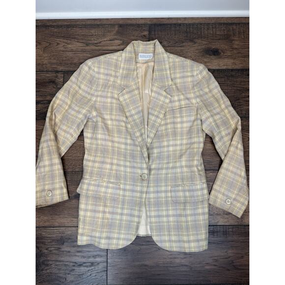 Vintage Lands End Women’s Blazer 100% Linen Yellow Jacket One Button Plaid Sz 6P - Picture 1 of 7